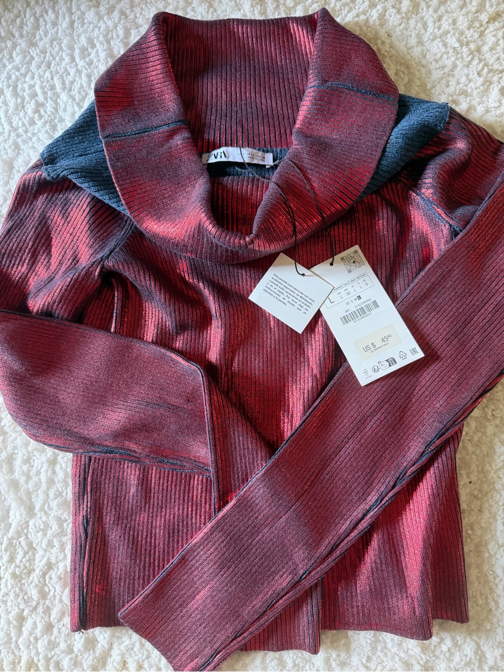 NWT Zara Women's Burgundy Ribbed Cowl Neck Sweater with Charcoal Accents Large